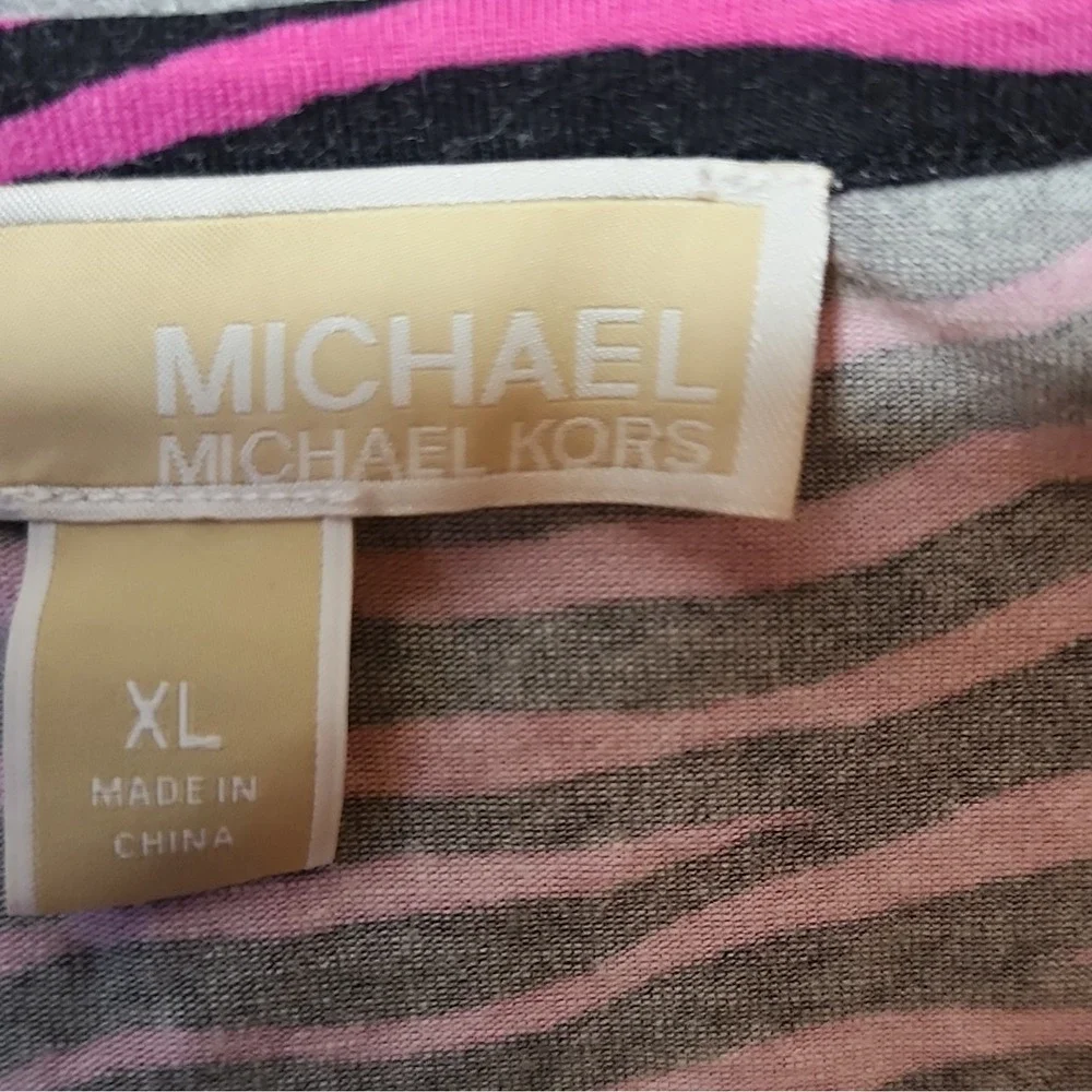 Michael Kors Pink Black Zebra Knit Cotton T-Shirt XL Round Neck Long Sleeve